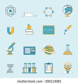 Science research scholarship and study symbols and devices flat lined color icon set isolated vector illustration