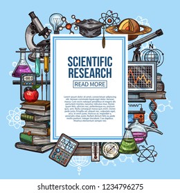 Science research, scientific and laboratory equipment vector sketch. Chemistry lab flasks, planet model and microscope, books pile, DNA molecule and atom, thermometer and computer