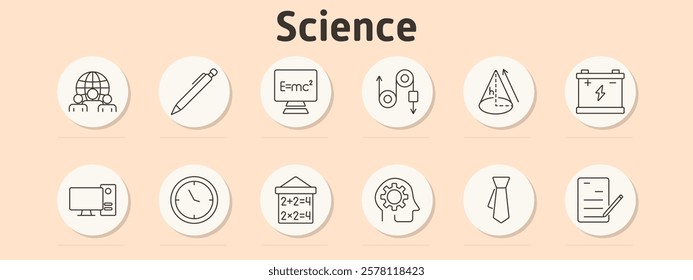 Science research set icon. Global community, pen, formula, physics, geometry, battery, computer, clock, calculation, innovation, analysis, report
