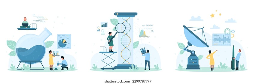 Science research set vector illustration. Cartoon tiny people study chemistry with test tubes in chemical laboratory, analyze DNA and genes with magnifying glass, receive signals by parabolic antenna