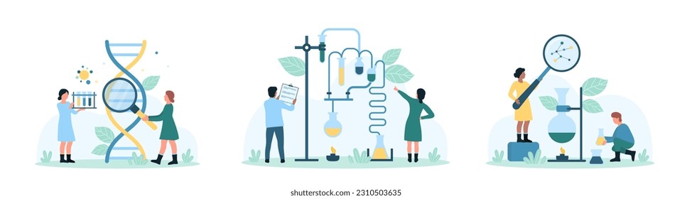 Science research set vector illustration. Cartoon tiny people looking through magnifying glass at DNA helix and molecule, scientists work with scientific lab equipment on experiment in chemistry