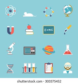 Science research and study symbols devices and accessories flat color icon set isolated vector illustration