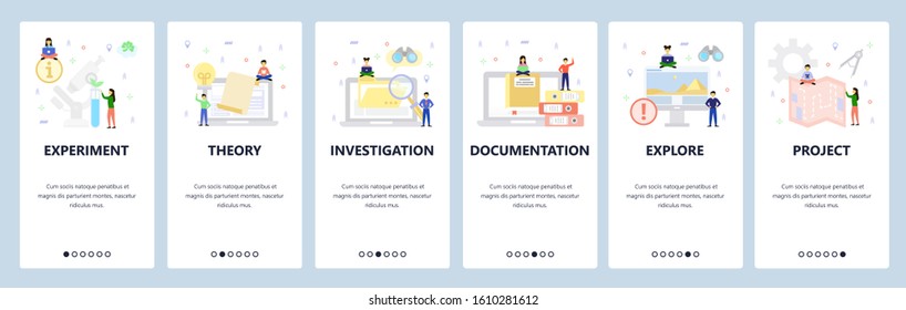 Science research, theory and experiment, documents, project plan. Mobile app onboarding screens. Menu vector banner template for website and mobile development. Web site design flat illustration.