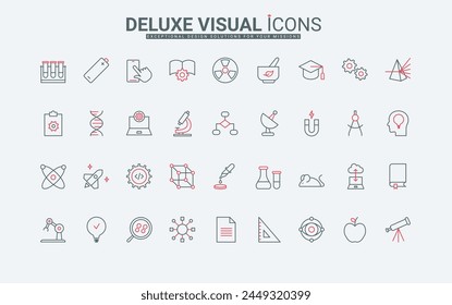 Science research thin black and red line icons set vector illustration. Outline symbols of scientific study of chemistry and physics, biotechnology and medical experiment in laboratory by scientist