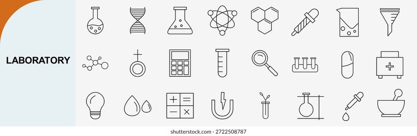 "laboratório e pesquisa científica conjunto de ícones de linha fina, ilustração vetorial"