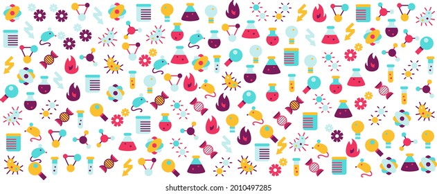 Science research vector banner. Laboratory equipment flask and magnifier for researching chemical and biology experiment. Scientist test tube for analysis flat illustration