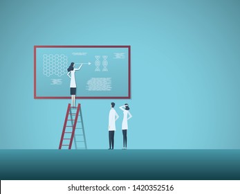 Science research vector concept with woman explaining nanotechnology and DNA to colleagues. Symbol of natural science, analysis, genetics, modern technology. Eps10 illustration.