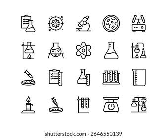 Science Research Vector Icon Set | Adjustable Line Weight | Microscope, laboratory, chemistry, biology, experiment, flask, test tube, atom, analysis, medical, innovation, biotechnology, education icon