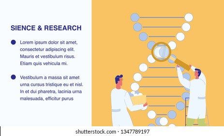 Science and Research Vector Web Banner Template. Genetic Engineering Flat Poster with Text Space. DNA. Scientists Characters. Man with Magnifier Looking at Molecule. Helix, Spiral. Molecular Biology