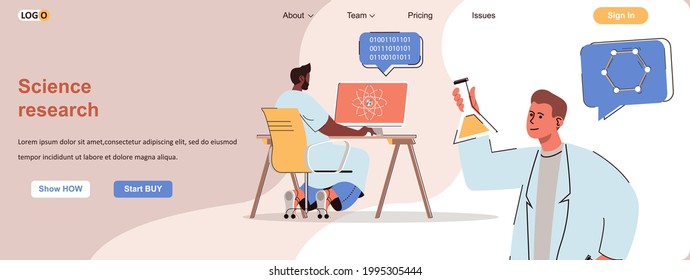 Science research web concept. Scientists make experiments in lab, analyze test data scene. Banner template with flat line characters design. Vector illustration for social media promotional materials