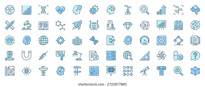 Wissenschaft Forschung Web-Symbole in Linie Design. Duotone Piktogramm Paket von Datenanalyse, DNA, Biologie, Biotechnologie, Medizin, Atomstruktur, Chemie, mehr Umriss Schlaganfall Zeichen. Vektorgrafik
