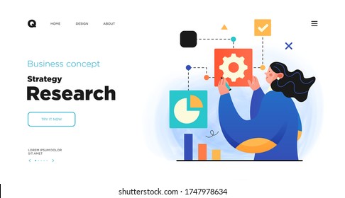 Science research website Landing page template design. Concept of Scientist character making research in a laboratory. Web page layout with modern business concept illustration.