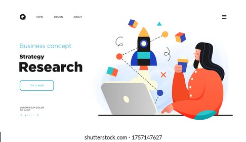 Science research website Landing page template design. Concept of Scientist character making research in a laboratory. Web page layout with modern business concept illustration.