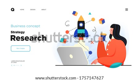 Science research website Landing page template design. Concept of Scientist character making research in a laboratory. Web page layout with modern business concept illustration.