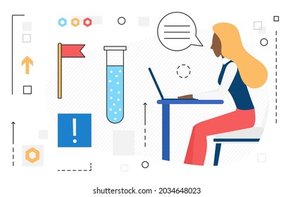 Science research, woman character with laptop and researching line icon isolated on white