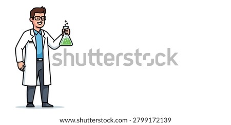 Science researcher holding erlenmeyer flask illustration with scientist researcher laboratory chemistry experiment chemicals professional research analysis academic knowledge discovery