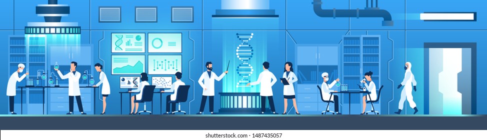 Science researching lab. Biotechnology genetic research, modification dna molecular tests. Genetic engineer scientists. Vector working laboratory doctors equipments and medical researcher concept