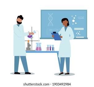 Science researching lab. Laboratory diagnostic services. Scientists participating in development of vaccine against covid 19 or another socially dangerous disease. Flat cartoon vector illustration