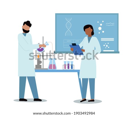 Science researching lab. Laboratory diagnostic services. Scientists participating in development of vaccine against covid 19 or another socially dangerous disease. Flat cartoon vector illustration