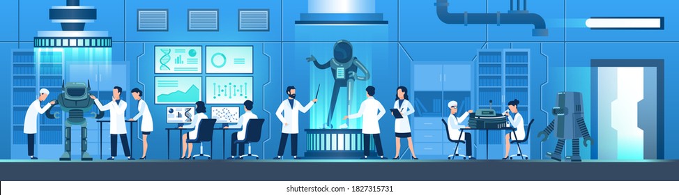 Science researching lab. People in white uniform create robot, researchers work on computers, doing modification tests, doctor and engineer scientist in laboratory, vector flat horizontal illustration