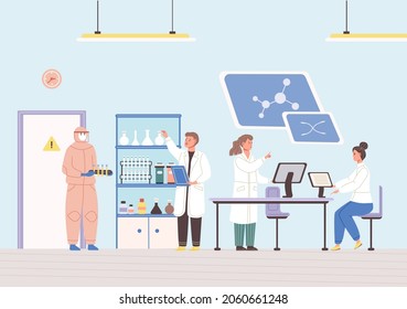 Science researching lab with scientists working use chemical equipment. Researchers at medical laboratory. Molecular engineering, research experiment, biology discovery or development flat vector