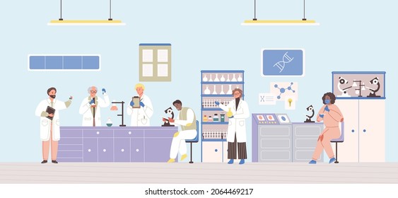 Science researching lab with scientists working use chemical equipment. Researchers at medical laboratory. Molecular engineering, research experiment, biology discovery or development flat vector