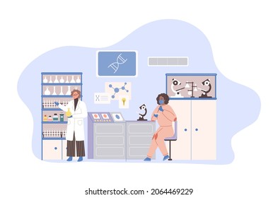 Science researching lab with scientists working use chemical equipment. Researchers at medical laboratory, conducting chemical experiments