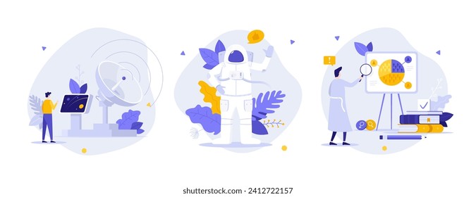 Science researching in technology flat concept vector illustrations set. Chemical tests, data science and robots cartoon composition. Development for future creative idea for website, presentation