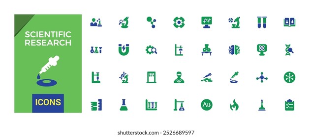 Science reshearch colorfull icons set, duotone color icon for wen and ui, scientific, physics, biology, laboratory, research icons and more, Flat icon collection. Editable and pixel perfect.