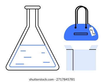 Ciencia, venta al por menor, embalaje, comercio electrónico, innovación, educación. Un frasco de laboratorio, un bolso de mano con una etiqueta de Precio y una caja abierta con líneas limpias. Aplicaciones de Ciencia y venta al por menor destacadas