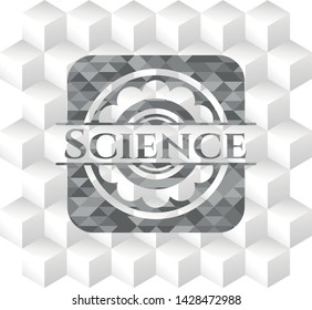 Science retro style grey emblem with geometric cube white background