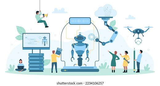 Science robot building technology vector illustration. Cartoon tiny people making cyborg with AI, hardware and programs, engineers programming bot, working with smart machines integration on project