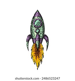 cohetes científicos dibujados a mano. fuego de transbordador, astronauta, tecnología de galaxias, boceto de Vector de cohetes de ciencia. ilustración de color aislado