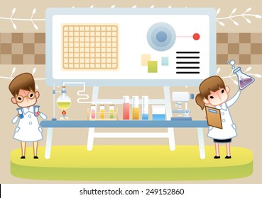 Science Room - Cute young female and male Scientist examine with laboratory equipment and colorful liquid sample in the chemical research lab on brown background : vector illustration