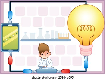 Science Room - Cute young male Scientist examine with laboratory equipment and electric circuit in chemical research lab on white background with scientific instrument pattern  : vector illustration