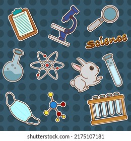 Science room stickers.  Squeeze, microscope, cell, atom, magnifying glass, notebook, face mask  Doodle vector illustration.