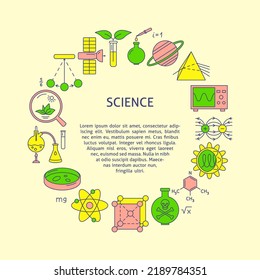 Banner redondo de ciencia con un estilo de línea de colores. Plantilla de afiche con elementos científicos y lugar para el texto. Ilustración vectorial.