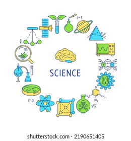 Banner redondo de ciencia con un estilo de línea de colores. Afiche con elementos científicos. Ilustración vectorial.