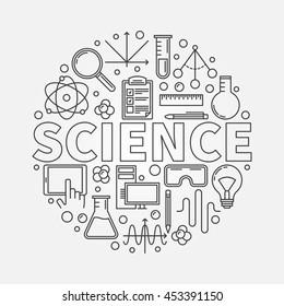 Science round illustration. Vector outline technology or education concept symbol. Science word with icons in thin line style