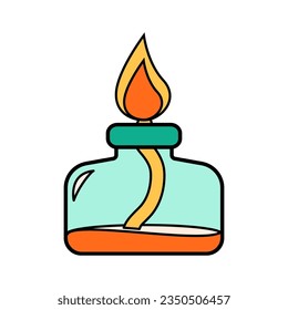 Science school alcohol or spirit burner icon. Chemistry and biology education laboratory cartoon bunsen burner with flames. Bold bright chemical equipment. Vector illustration isolated on white.