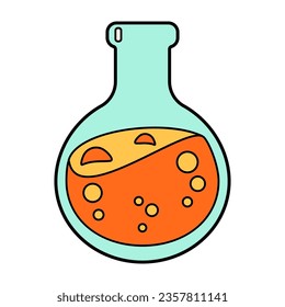 Science school chemical flask icon. Chemistry and biology education laboratory cartoon test tube. Bold bright lab equipment. Vector illustration isolated on white.