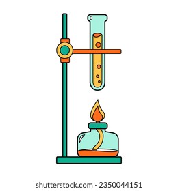Science school chemical rack test tube and alcohol burner icon. Chemistry and biology education laboratory cartoon flask. Bold bright lab equipment. Vector illustration isolated on white.