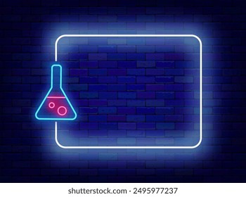 Science school neon poster. Back to school. Chemical experience invitation. Shiny greeting card. Empty white frame and flask Glowing banner. Editing text. Vector stock illustration