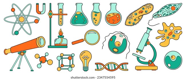 Science school set or education icons. Chemistry and biology laboratory cartoon collection. Bold bright microscope, molecule atom, telescope, test tube, amoeba. Vector illustration isolated on white.