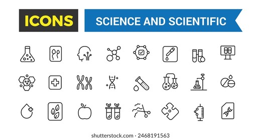 Conjunto de iconos de Ciencia y actividad científica. Conjunto de iconos de Web de línea mínima. Icono de Vector editable e ilustración.