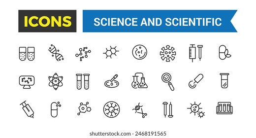 Symbolsatz für Wissenschaft und wissenschaftliche Aktivität. Symbolsatz für Minimalzeilen-Web. Symbol und Abbildung der bearbeitbaren Vektorgrafik.