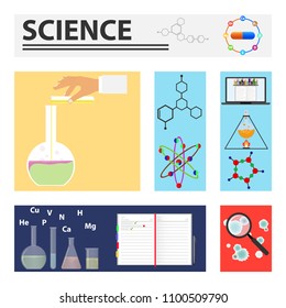 Science, scientific experiments. A set of rectangles with scientific knowledge and elements. Flat design, vector illustration, vector.