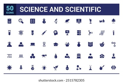 Science and scientific icon set. Minimal filled web icon set. Solid icon collection. Glyph icons for web and ui. Editable stroke. Vector illustration.