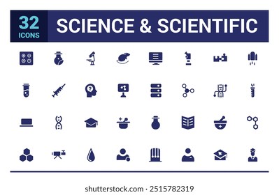 Science and scientific icon set. Minimal filled web icon set. Solid icon collection. Glyph icons for web and ui. Editable stroke. Vector illustration.