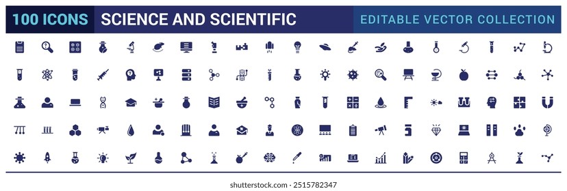 Ciencia y conjunto de iconos científicos. Conjunto de iconos de Web relleno mínimo. Colección de iconos sólidos. Iconos de glifo para Web y ui. Trazo editable. Ilustración vectorial.